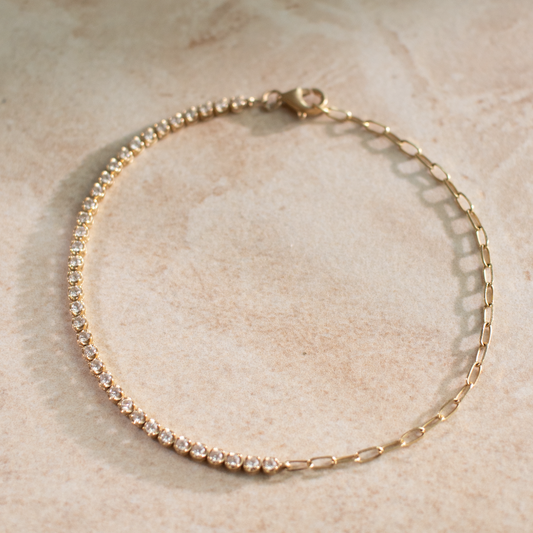 Half tennis and paperclip chain bracelet